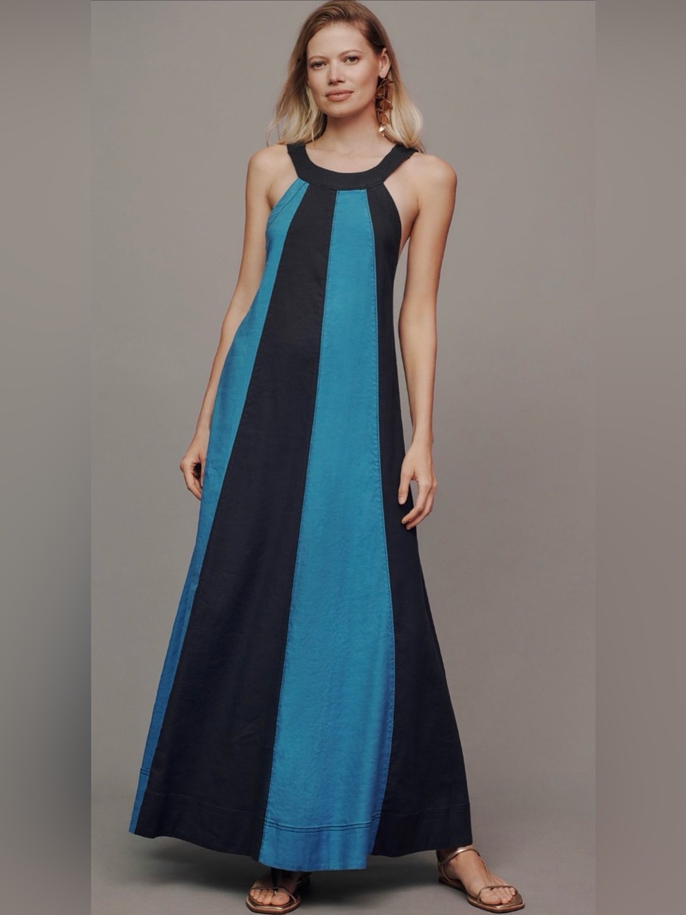 Sleeveless Navy and Teal Colorblock Maxi Dress - Brand